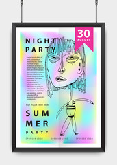 Poster design for your party or event. Black realistic frame. Doodle hand drawn elements. Abstract illustration. Holographic background. Vector illustration. Minimalism. Hipster style