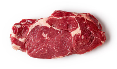 Fresh raw beef steak isolated on white, from above