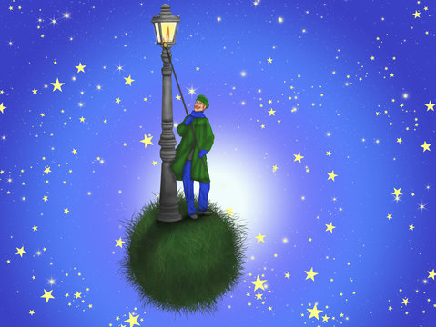 Фонарщик на фоне звездное небо. Маленький принц. Lamplighter on the background of the starry sky. The little Prince.