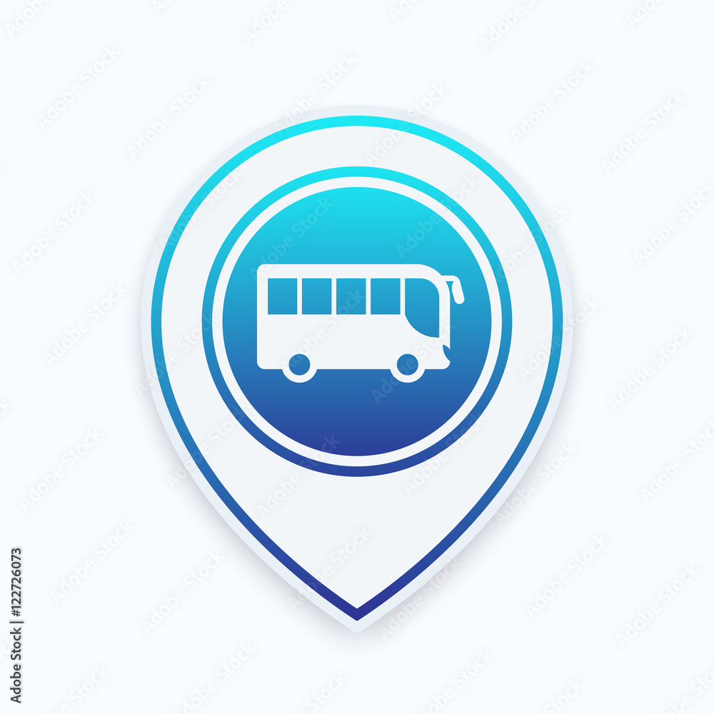 Poster bus icon on map pointer, side view, vector illustration