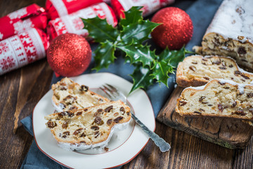 Festive Christmas cake, stollen with raisins