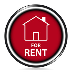 Home for rent icon on red button, badge illustration