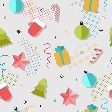 New year and Christmas seamless pattern with gift, noel, star, ball, confetti. Bright flat colors design.