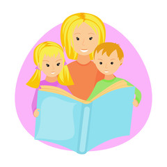 Mother reading book to her children. Mother, daughter and son read book together. Vector illustrations.