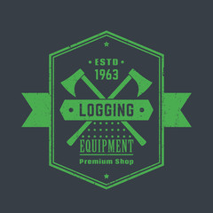 Logging equipment, lumber shop vintage logo, emblem with lumberjacks axes, vector illustration