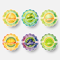 Set of banana, green apple, melon, cantaloupe, pineapple, blueberry, lime, juice,smoothie, milk, cocktail and fresh labels splash. sticker, advertisement concept vector illustration.