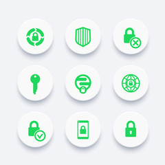Security icons set, secure transaction, unprotected, key, lock, shield, online security