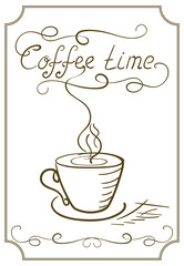 Design signboard for cafe with coffee cup and headline in style