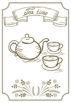 Design signboard for cafe with ribbon and tea cup with kettle