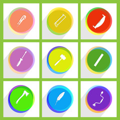 two-handled saw, ruler, hand drill, hacksaw, mallet, feather, kn