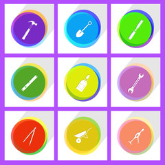 caliper, spirit level, hammer, wheelbarrow, glue bottle, spade,