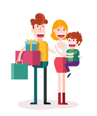 Family Loves Shopping Together. Isolated Flat Vector Illustration.