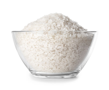 rice in glass bowl isolated on white with clipping path