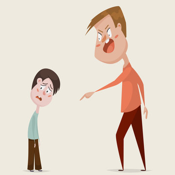 Family conflict. Aggressive man threats and shouts on oppressed boy in anger. Emotional concept of aggression, tyranny and despotism. Negative emotions. Cartoon characters. Vector illustration