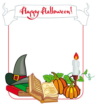 Halloween frame with witch hat, magician books and candlestick. Copy space. Vector clip art.