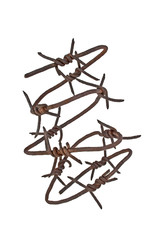 Rusty barbed wire on white background