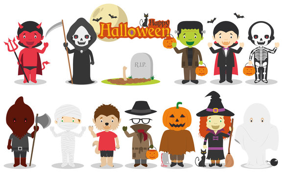 Set of Children´s Halloween characters, including Dracula, Frankenstein, devil, witch, skeleton, pumpkin, mummy and more. Vector illustration