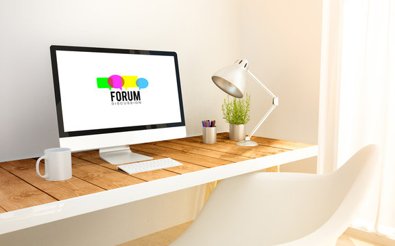minimalist workplace with forum web computer