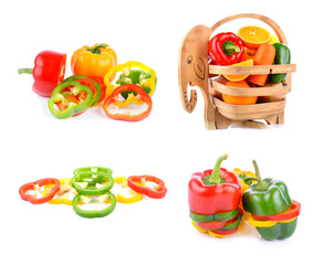red yellow and green pepper slices on  white background