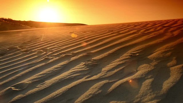 A little boy walking on sand dune at sunset