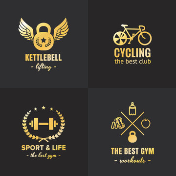 Gold sport & fitness vintage hipster logo vector set. Part one.