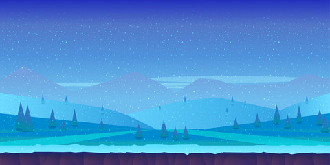 Seamless cartoon winter landscape background endless ice, snow hills, mountains, clouds, sky