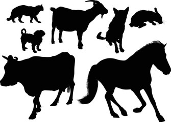 seven isolated black farm animals collection