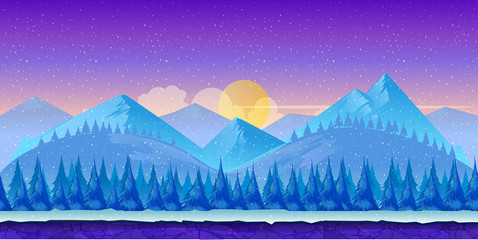Cartoon winter landscape with ice, snow and cloudy sky. vector nature background for games.