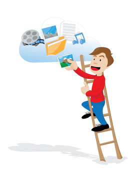a vector cartoon representing a funny man uploading some photos on a cloud hosting storage