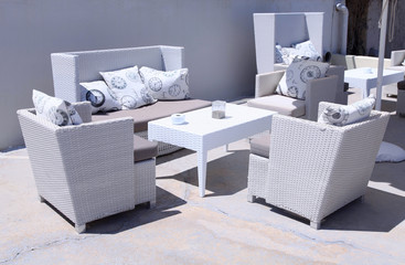 White outdoor furniture rattan armchairs