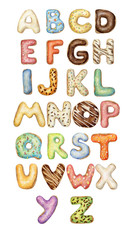 Hand painted watercolor donuts alphabet isolated on white. Colorful food letters. Cartoon font.