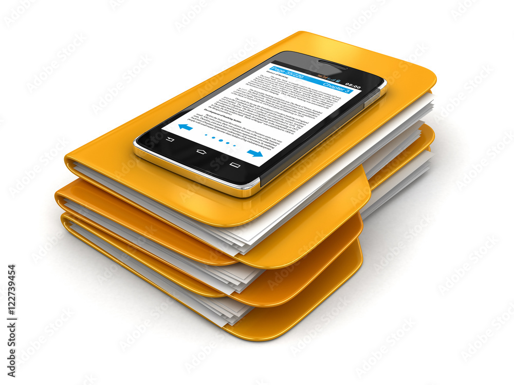 Poster folders and files with touchscreen smartphone. image with clipping path