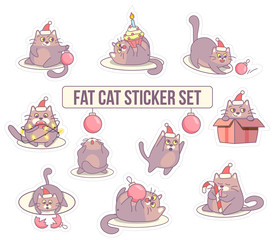 Fat cat sticker set for Christmas and New year holidays. Minimalistic design. Cartoon style. Vector illustration with pet, ornaments, gift box, lights, candy cane, cake on white background. Ten items