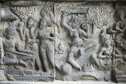 Hindu carvings on the Prambanan temples, near Yogyakarta, Java, Indonesia