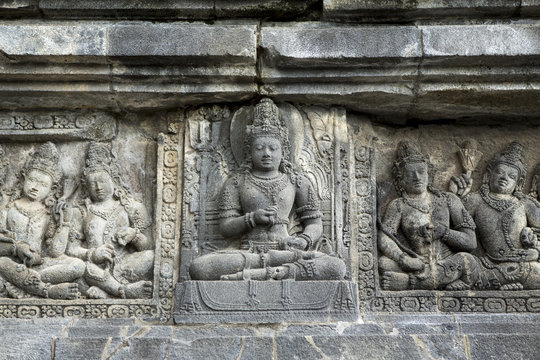 Hindu carvings on the Prambanan temples, near Yogyakarta, Java, Indonesia