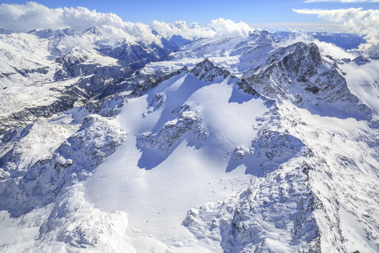 Aerial view of Peak Ferra covered with snow, Spluga Valley, Chiavenna, Valtellina, Lombardy