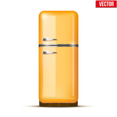 Classic Fridge refrigerator in orange color. Household appliances. Vector isolated on white background