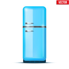 Classic Fridge refrigerator in blue color. Household appliances. Vector isolated on white background