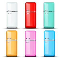 Set of Retro Fridge refrigerator in white color. Household appliances. Vector isolated on white background
