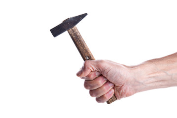 Hammer in a man's hand on an isolated background