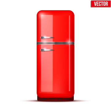 Retro Fridge refrigerator in red retro color. Household appliances. Vector isolated on white background
