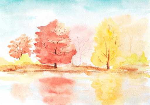 autumn trees with reflection in a lake. abstract sunny watercolor illustration