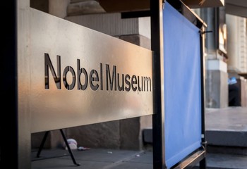 STOCKHOLM, SWEDEN. June 10, 2015. The main entrance to the Nobel Museum in central Stockholm, the place devoted to share information about the Nobel Prize, stock image. - obrazy, fototapety, plakaty