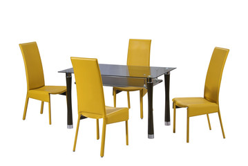 Dining table and yellow chairs isolated with clipping path.

