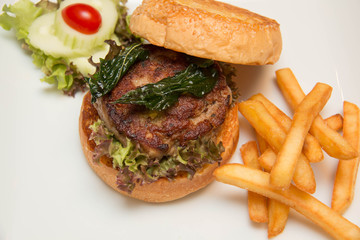 burger And Fries with vegetables