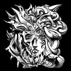 the girl in the ugly mask of various bones