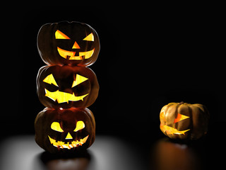 Funny halloween pumpkin climbed on each other. Pumpkins play and fool around. Image for Halloween holiday theme. On black background and backlights. High-resolution 3d illustration
