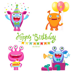 Set Of Cute Monsters For Birthday Card Design Vector Illustration. Cartoon Colorful Kids Toy Cute Monster. Monsters Inside Me. Aliens Birthday Parties. Space Aliens Card.