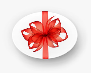 Vector White Round Oval Gift Box with Transparent Red Scarlet  Bow and Ribbon Top View Close up Isolated on Background