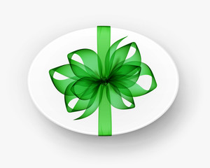 Vector White Round Oval Gift Box with Transparent Green Bow and Ribbon Top View Close up Isolated on Background